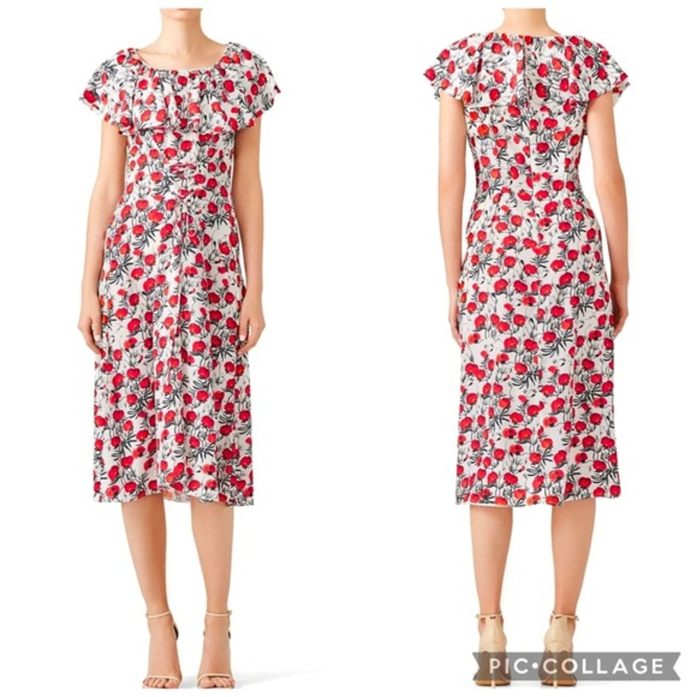 DELFI x Anthropologie Floral‎ Lake Red Size S Midi Dress Ruffle Lace Up Waist